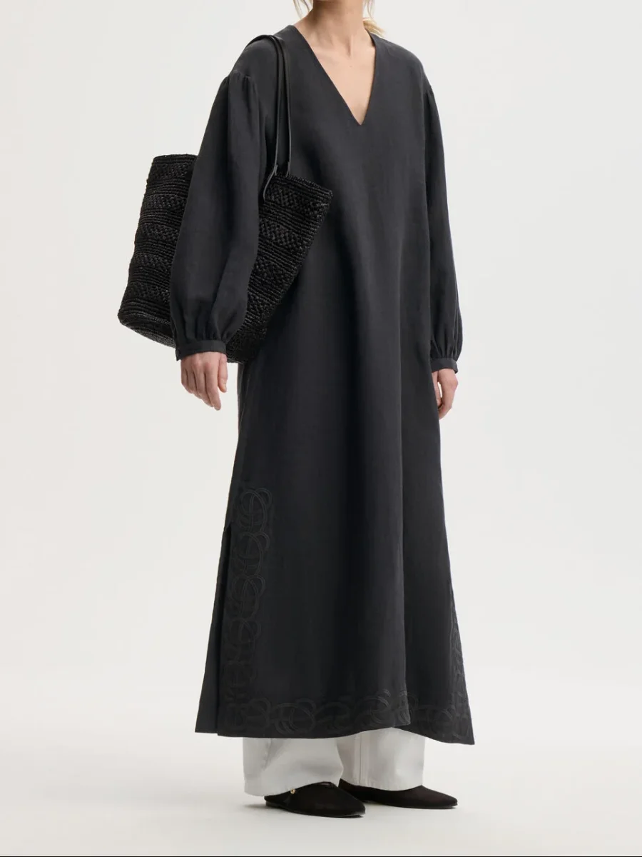 LOUISE Maxi kjole i 100% lin Sort - Image 3